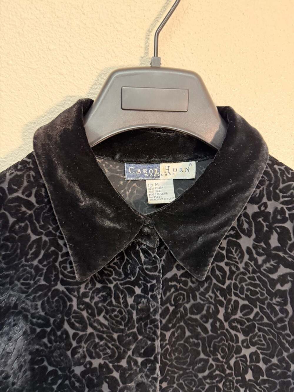 Vintage Carol Horn Workshop Black Silk Blend Devore Velvet Floral Sheer Long med